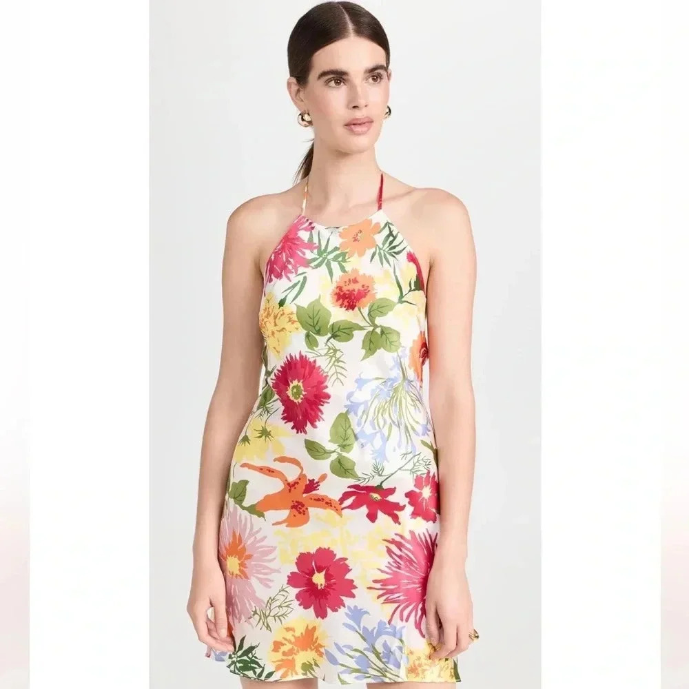 REFORMATION NWT Jennis Floral Silk Halter Mini Dress Low Back String Tie M - Picture 4 of 15